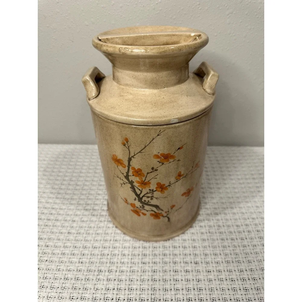Vintage Ceramic Milk Can Canister 9x5 Tan Orange Cherry Blossom Farmhouse Decor